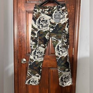 REBEL VENGEANCE Men's 28 Cargo Pants Tapestry/Fringe SKULL SKELETON Goth ~ NWT